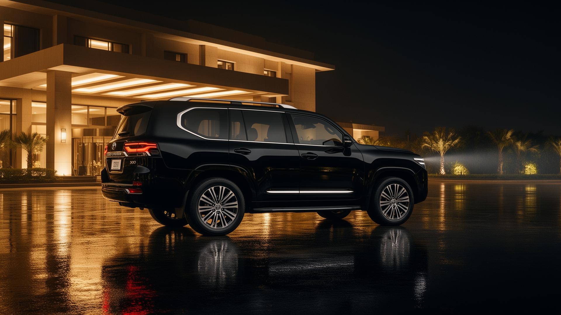 Black executive Toyota Land Cruiser at an Addis Ababa hotel forecourt at night